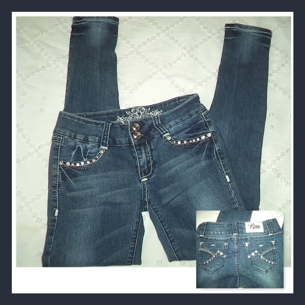 C'EST TOI JEANS SKINNY STRETCH DISTRESSED BLUE RHINESTONES-WOMENS JR SIZE 1